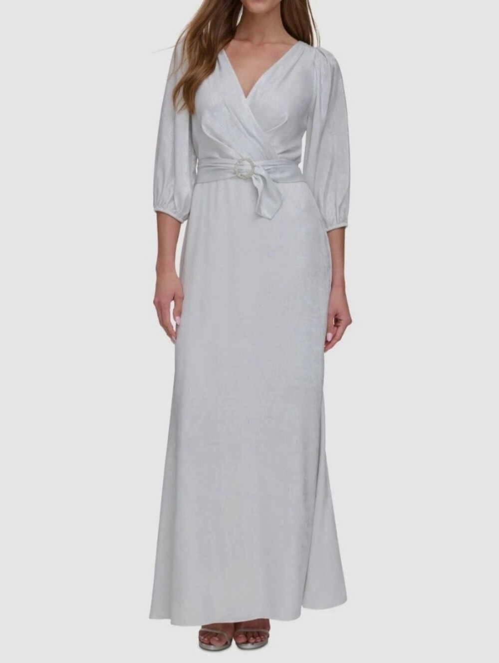 NWT DKNY Women's Silver Shimmer Surplice Balloon Sleeve Belted A-Line Dress Sz10